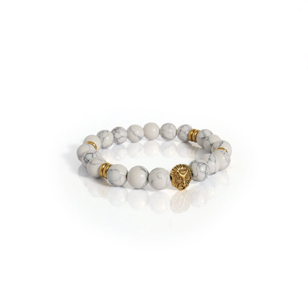 Howlite Beads Bracelet with Gold Lion and Accents, front view