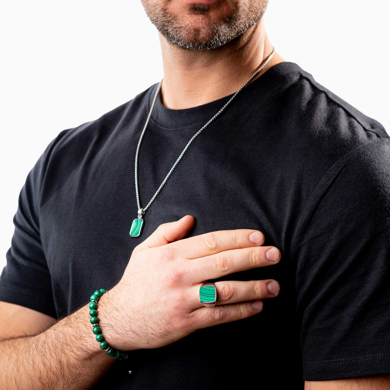 Silver Signet Ring with Malachite, on model + matching Silver Chain Necklace with Malachite + matching Silver bracelet with Malachite beads