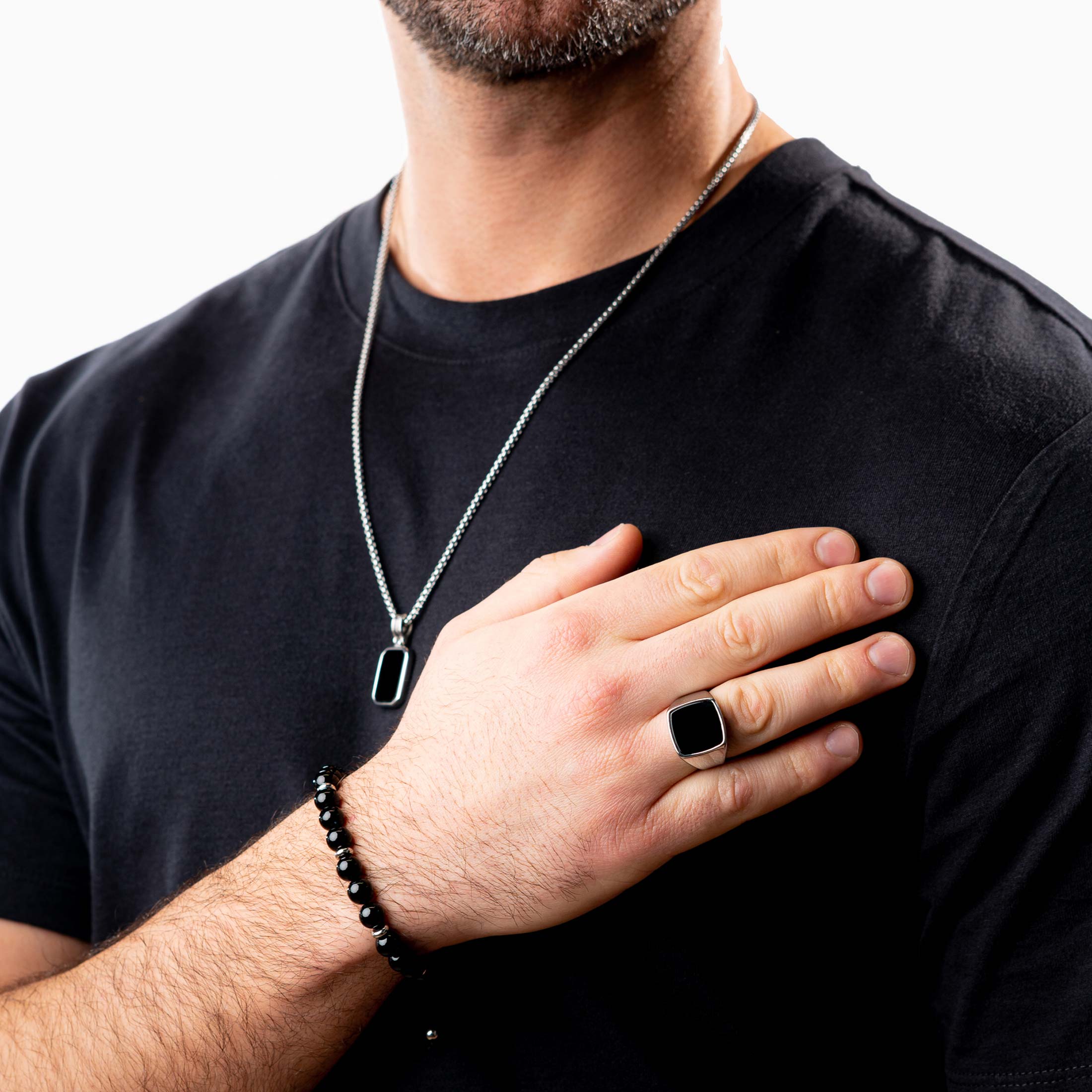 Silver Box Link Chain with Black Onyx, on model + matching Bracelet with Black Onyx beads + matching Silver Signet Ring with Black Onyx