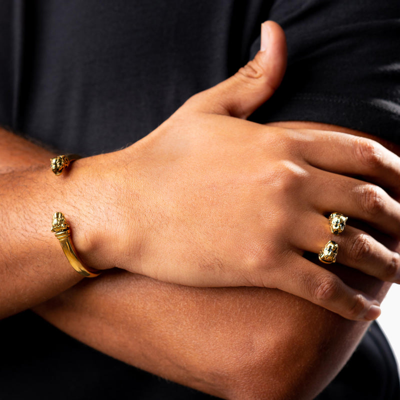 Gold Tiger Cuff Ring, on model + matching Gold Tiger Cuff Bracelet