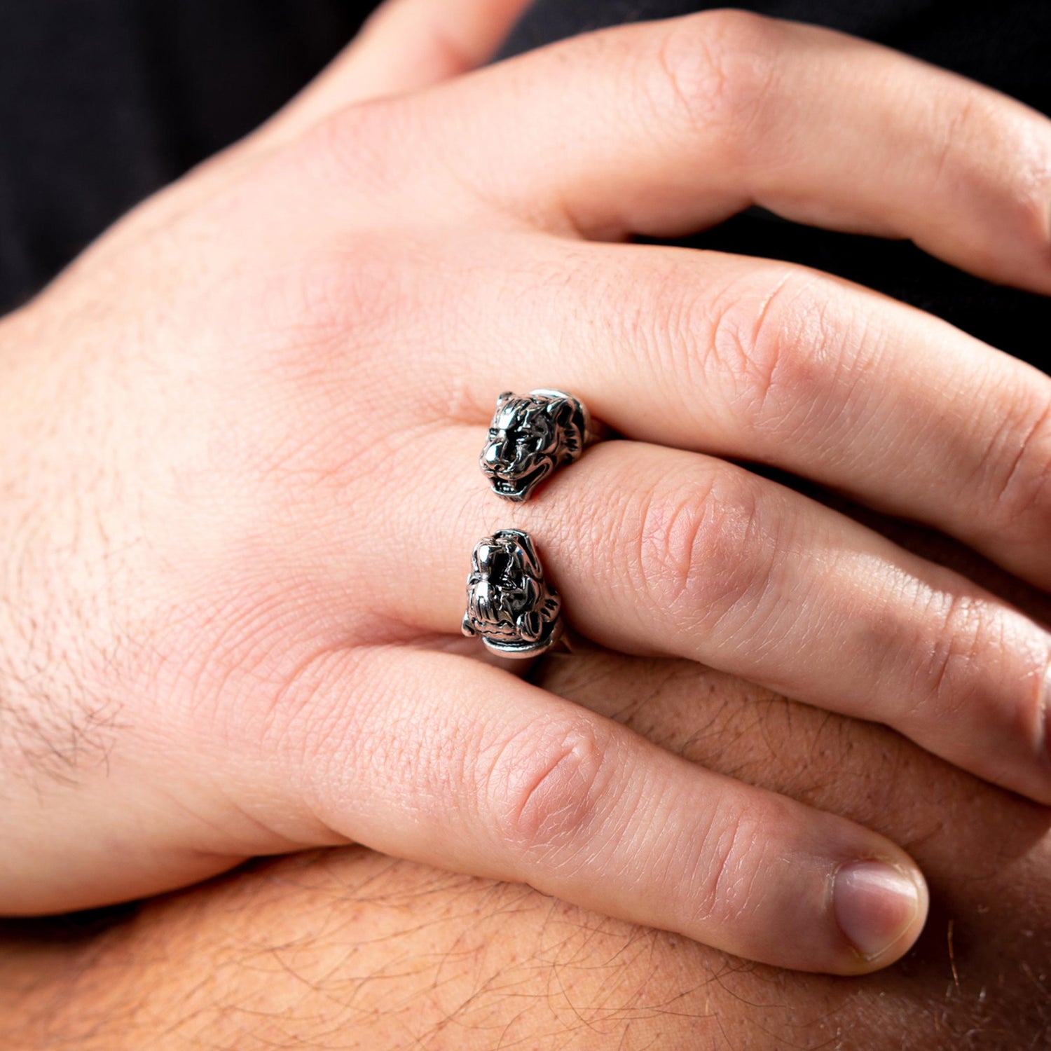 Zilveren Cuff Ring met Tijgerkoppen